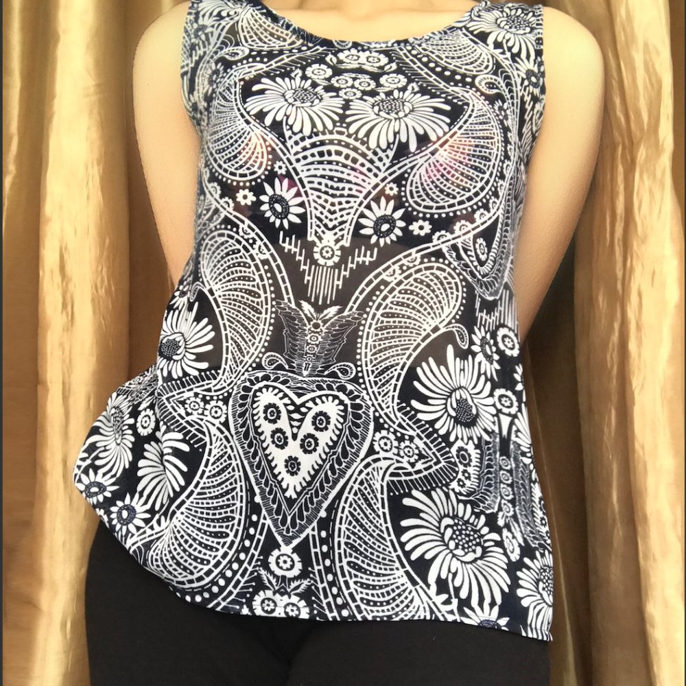 Navy & White Patterned Blouse